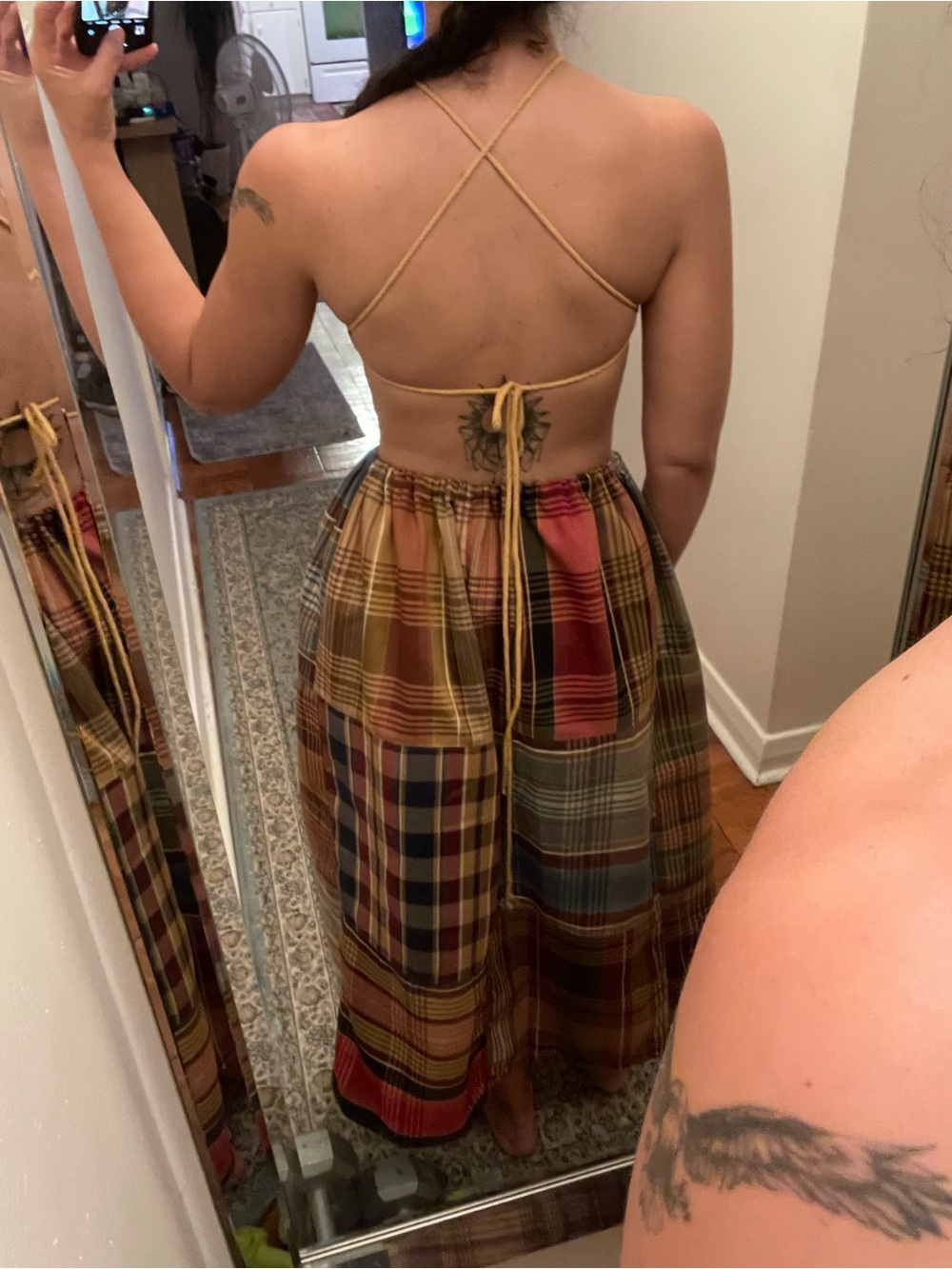 Upcycled Kravet Fabric Sample Plaid Halter Midi Skirt Set in Warm Tones - Picture 4 of 4